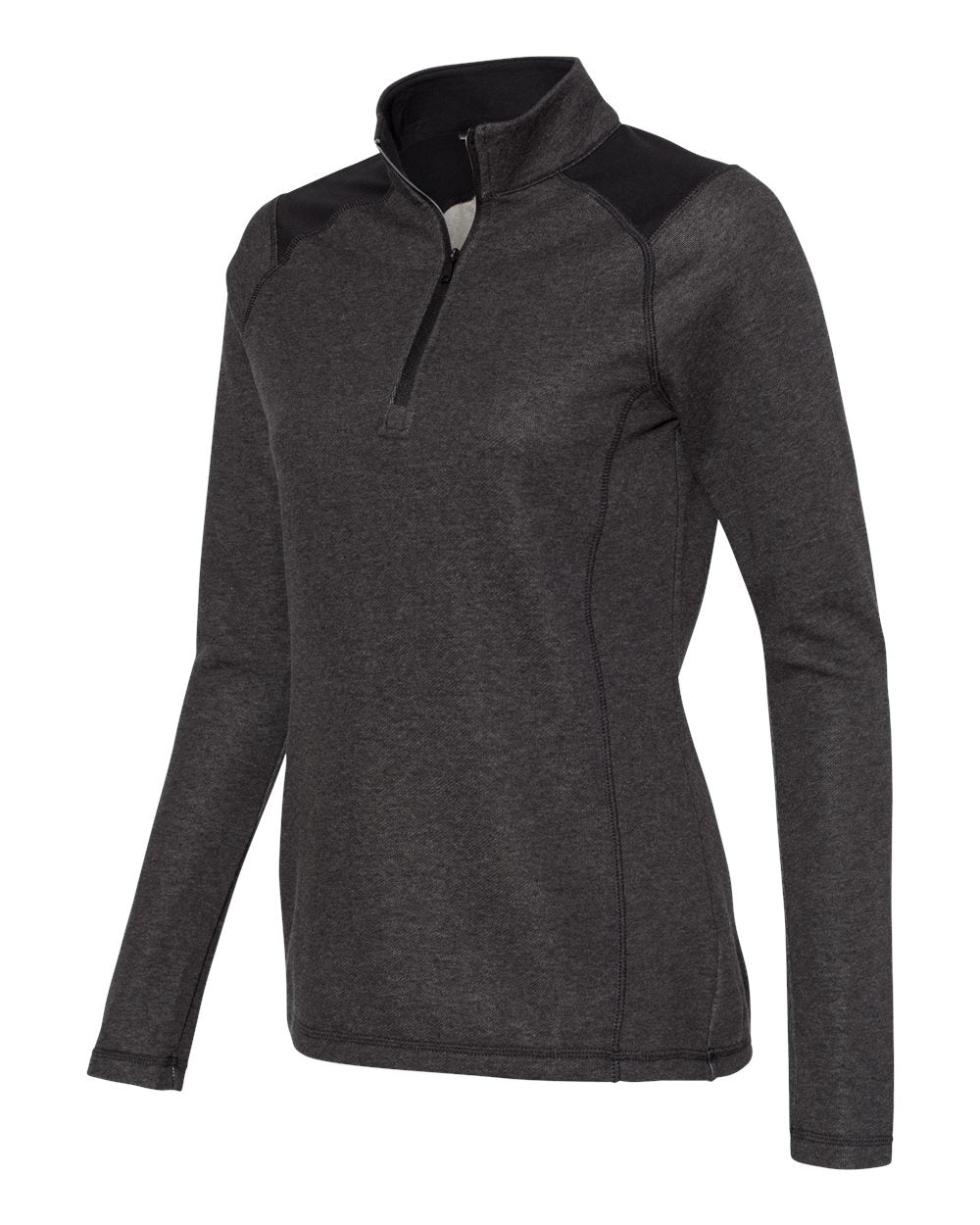 Adidas A464 Women's Heathered Quarter Zip Pullover with Colorblocked Shoulders - Black Heather