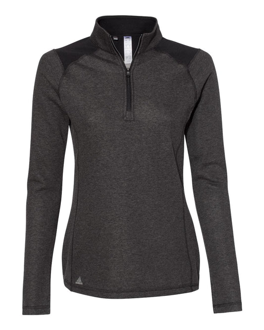 Adidas A464 Women's Heathered Quarter Zip Pullover with Colorblocked Shoulders - Black Heather