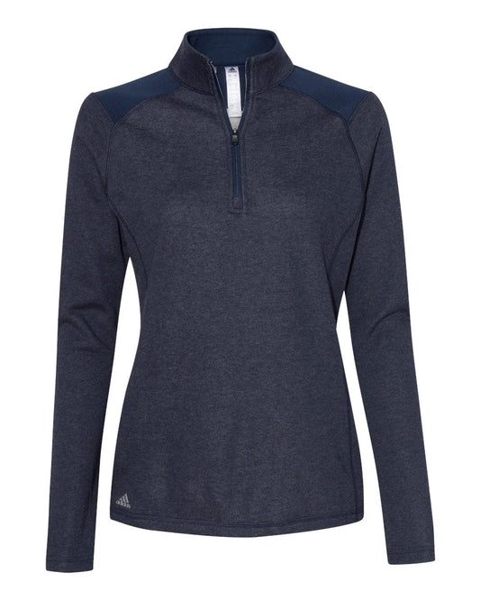 Adidas A464 Women's Heathered Quarter Zip Pullover with Colorblocked Shoulders - Collegiate Navy Heather
