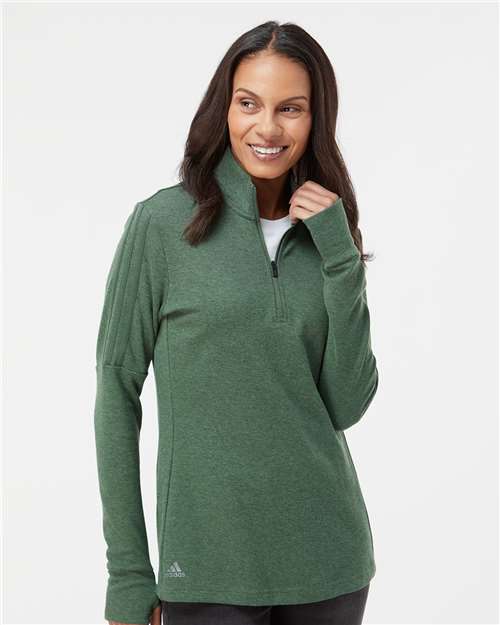 Adidas A555 Women's 3-Stripes Quarter-Zip Sweater - Green Oxide Melange